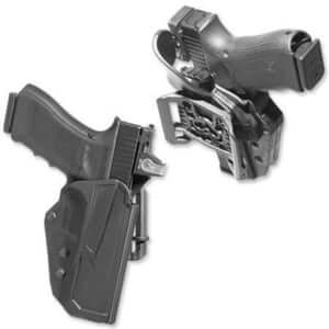 Pair of tactical holsters designed for secure firearm carry, showcasing quality craftsmanship and durability.