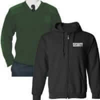 Green sweater and black zip-up hoodie, ideal for comfort and style in security workwear.
