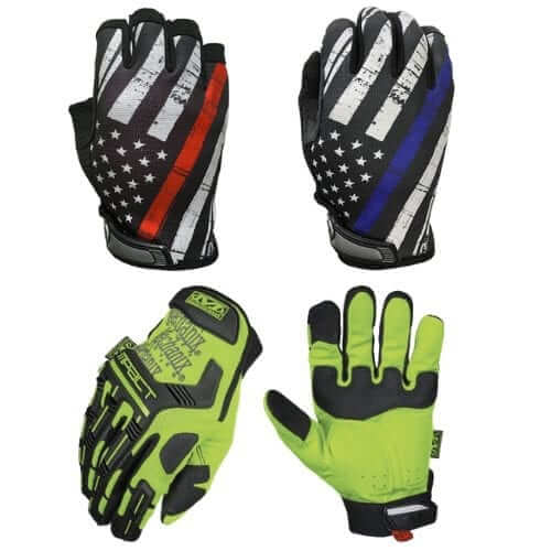 Industrial gloves featuring American flag designs and high-visibility colors, ideal for law enforcement and construction use.