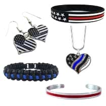 Jewelry collection featuring patriotic earrings, bracelets, and necklaces honoring law enforcement professionals.