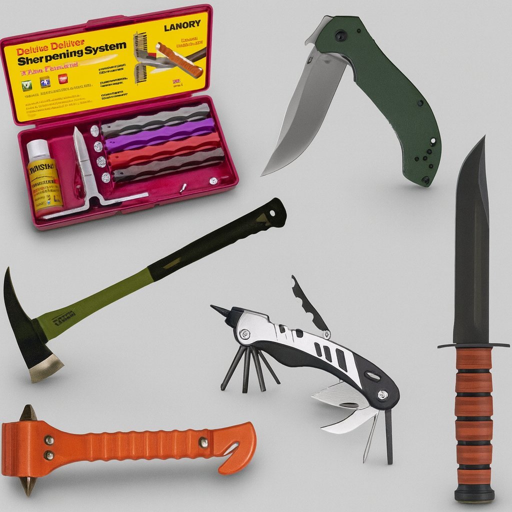 Assorted knives and sharpening tools, including folding and fixed blades, perfect for chefs and outdoor enthusiasts.