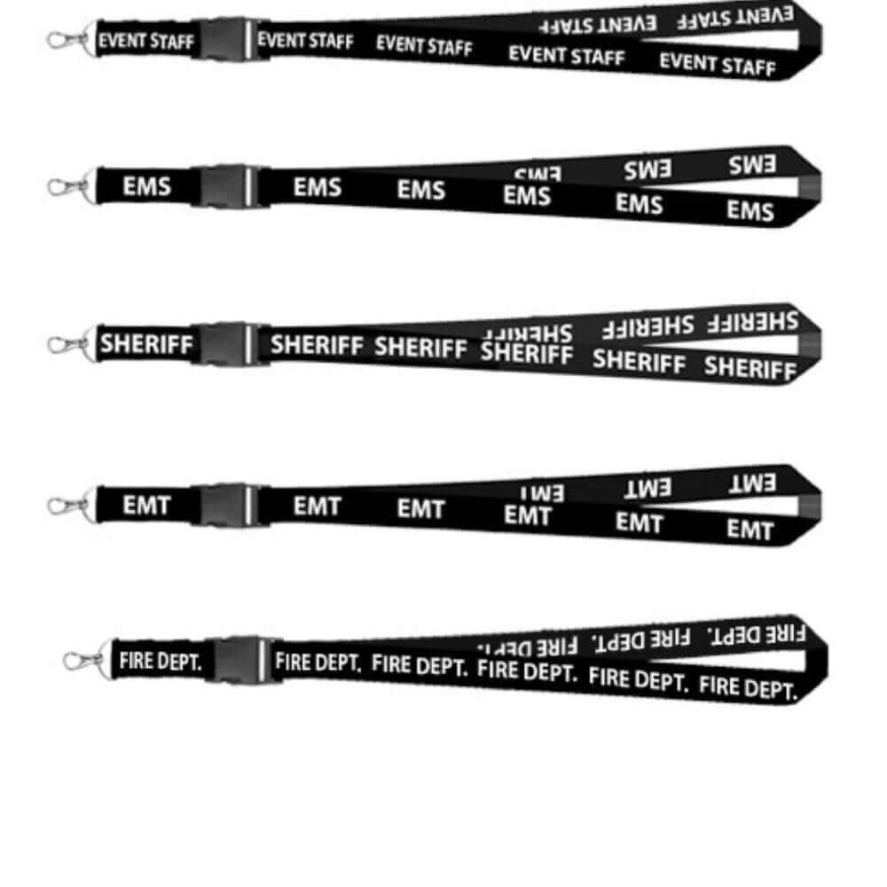 Durable black lanyards with "EVENT STAFF," "EMT," "SHERIFF," and "FIRE DEPT." text for identification and access.
