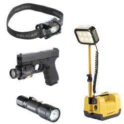 Tactical lighting equipment including headlamp, flashlight, and work light for enhanced safety and visibility.