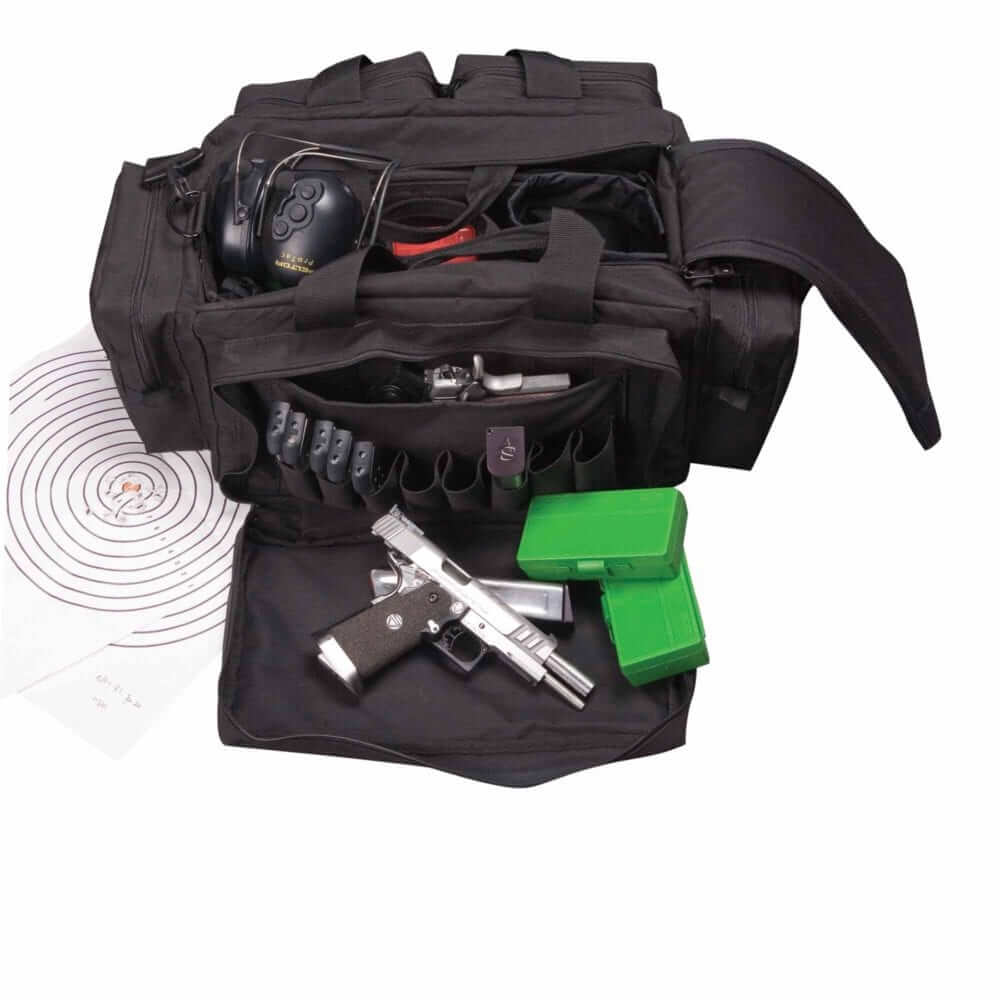 Black tactical bag showcasing firearm, ammunition, and ear protection, ideal for shooting range enthusiasts.
