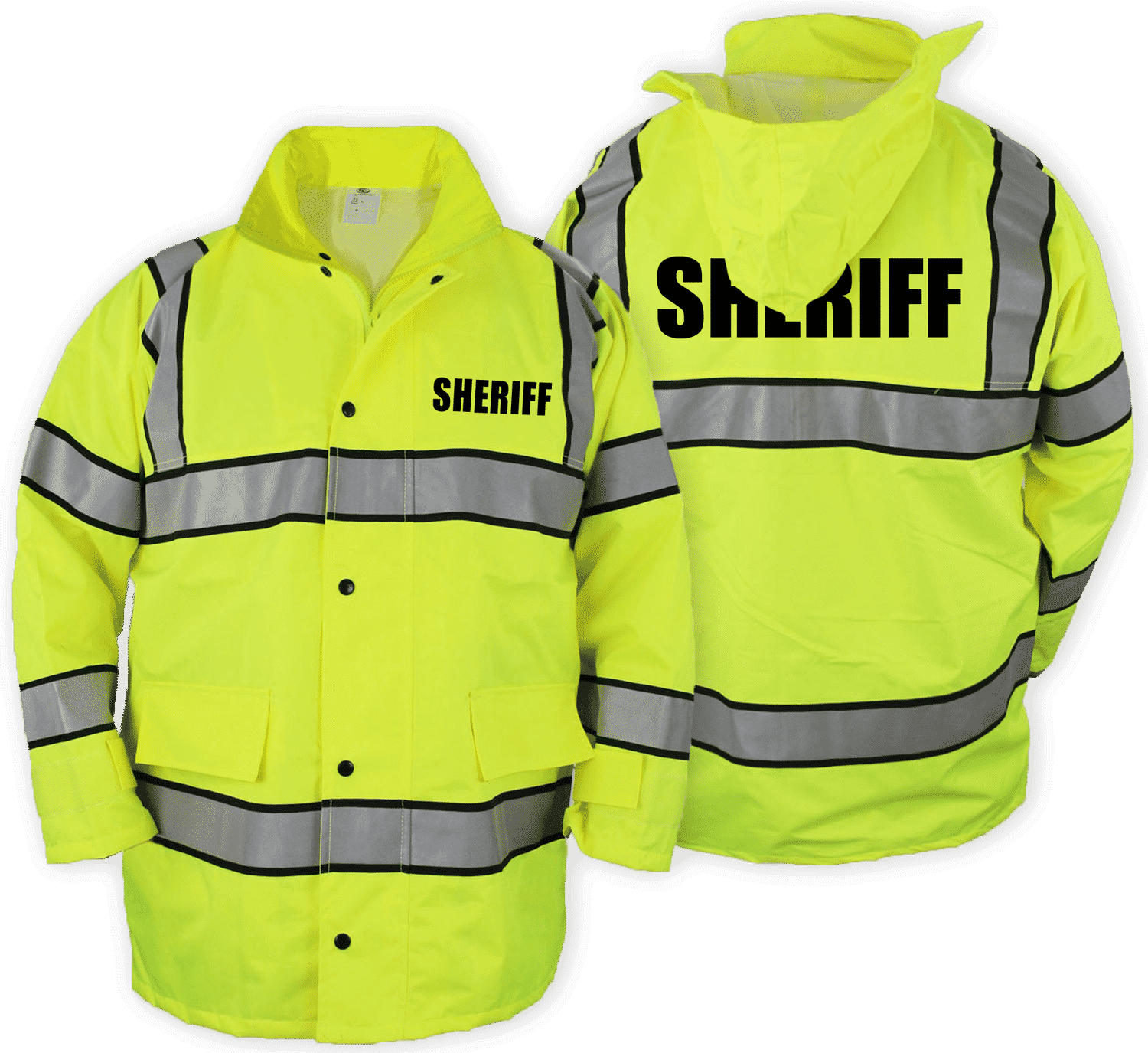 High-visibility yellow rain jacket for sheriff, featuring reflective stripes and front pockets for utility and safety.