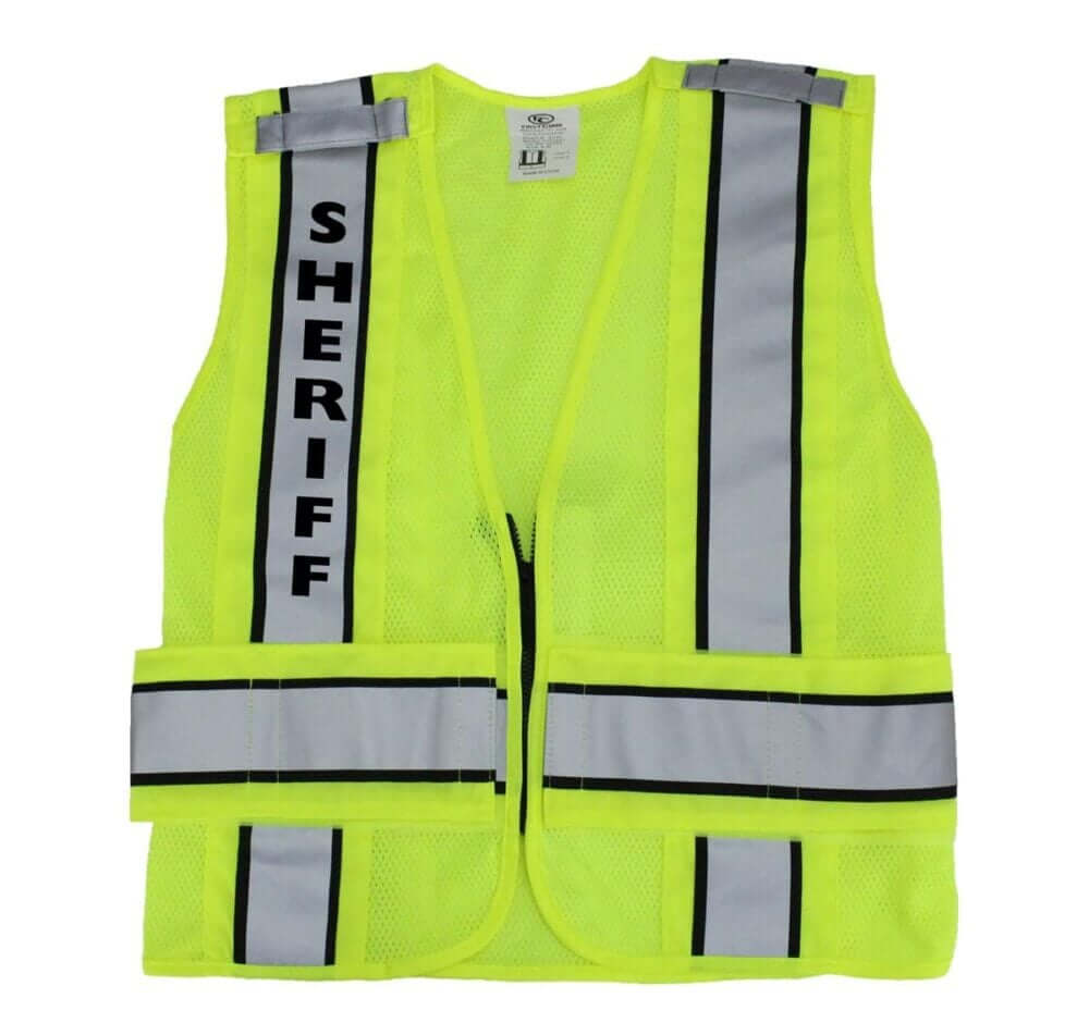 Bright yellow sheriff traffic vest with reflective stripes for safety and visibility in high-traffic areas.