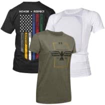 Collection of T-shirts featuring patriotic designs and varying styles at WCUniforms, perfect for active professionals and casual wearers.