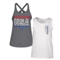 Pair of stylish tank tops featuring a gray USA graphic and a white tank with striped pocket design.