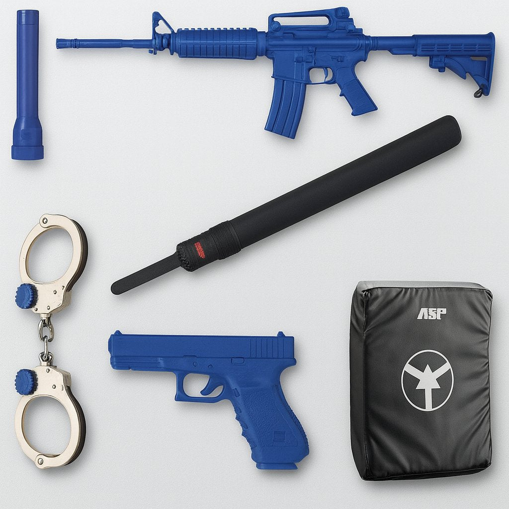 Blue training weapons including a rifle, handgun, baton, handcuffs, flashlight, and protective shield from ASP.