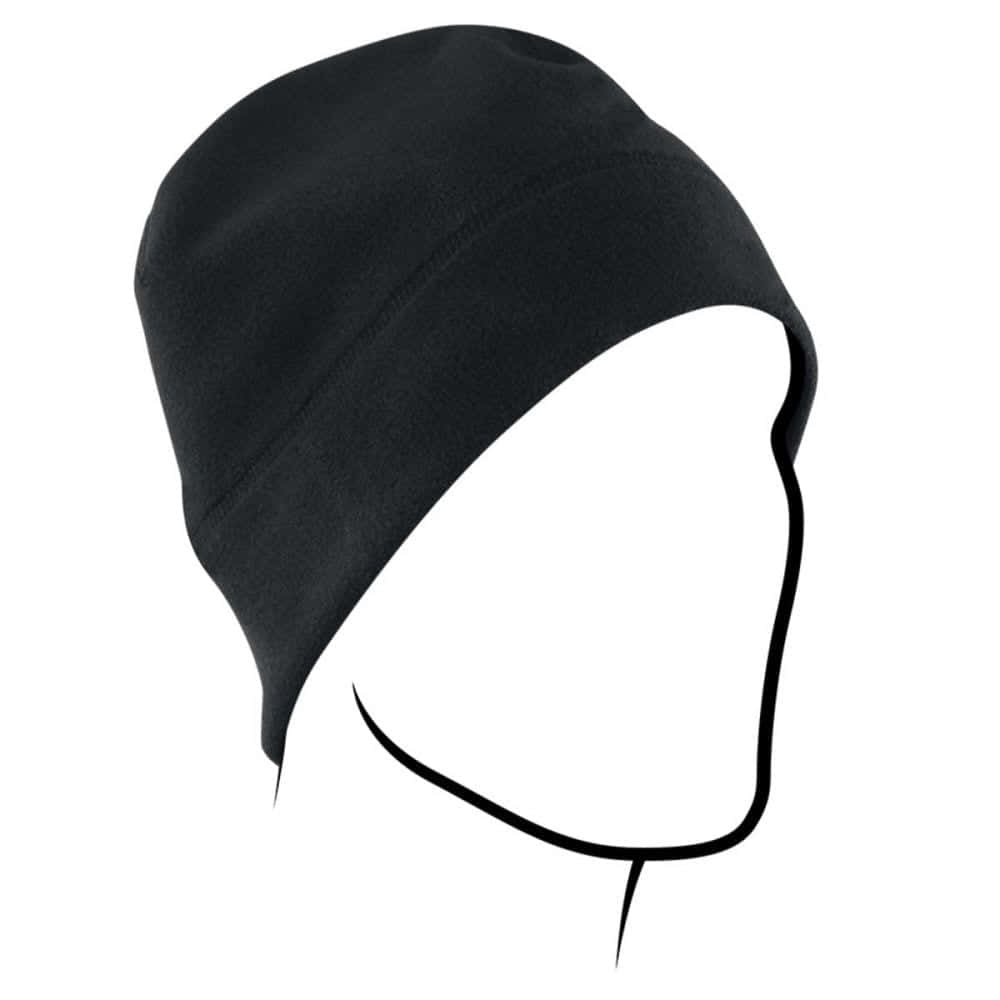 Black beanie hat displayed on a mannequin, perfect for cold weather and stylish winter outfits.