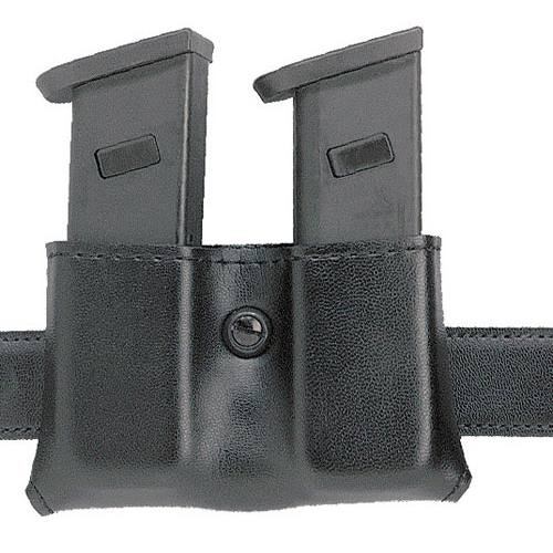 Safariland Model 079 Slimline Open Top Double Magazine Pouch holding two magazines securely in a durable black design.