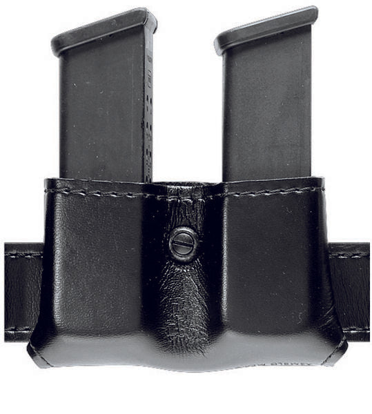 Safariland Model 079 Slimline Open Top Double Magazine Pouch holding two magazines securely in a durable leather design.