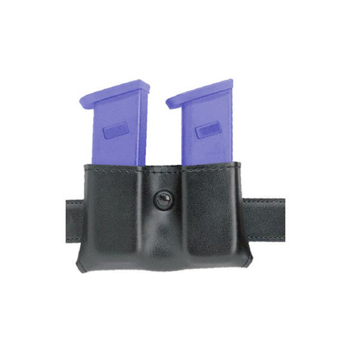 Safariland Model 079 Slimline open top double magazine pouch holding two purple magazines, featuring durable construction.