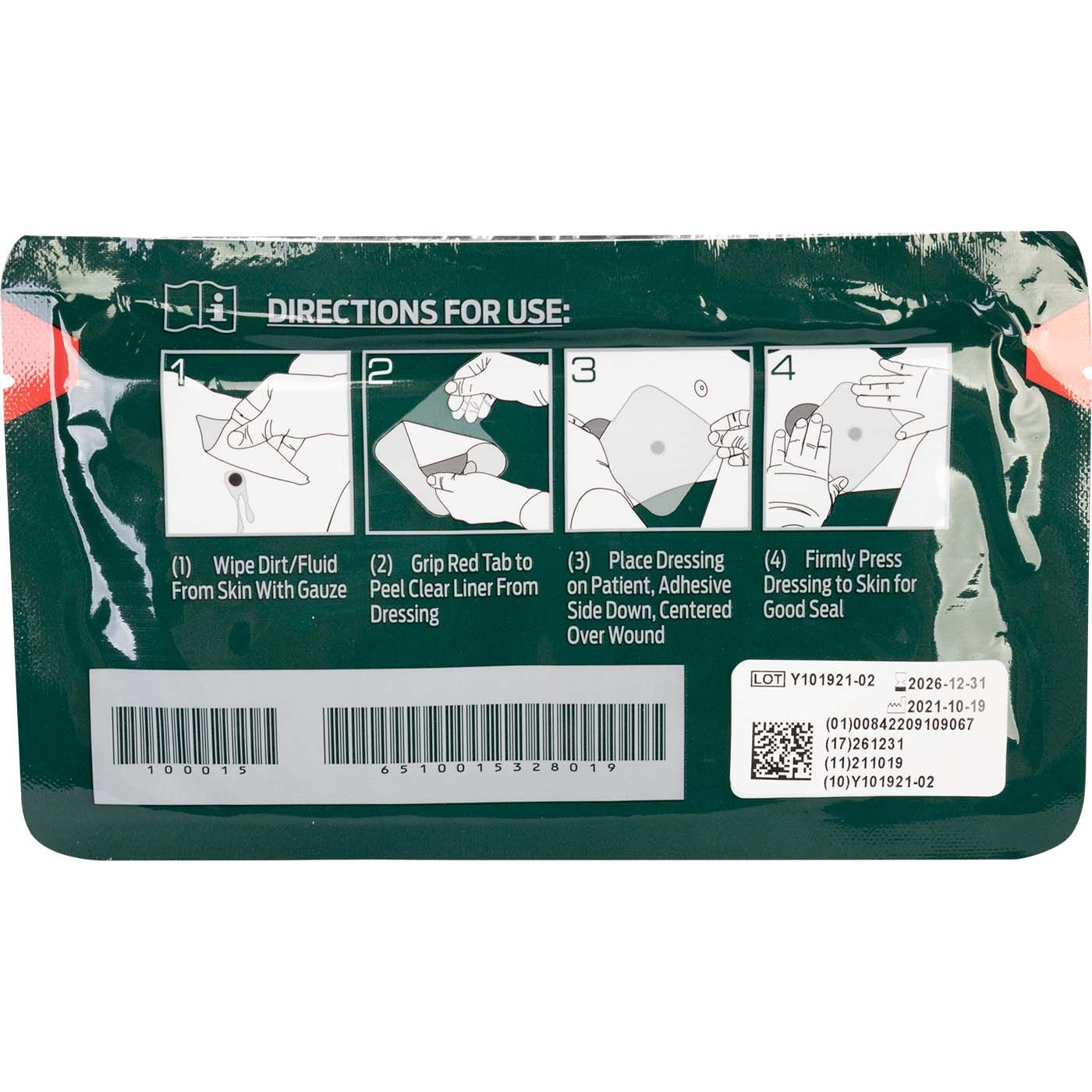 Dressing package with directions for use on a white background