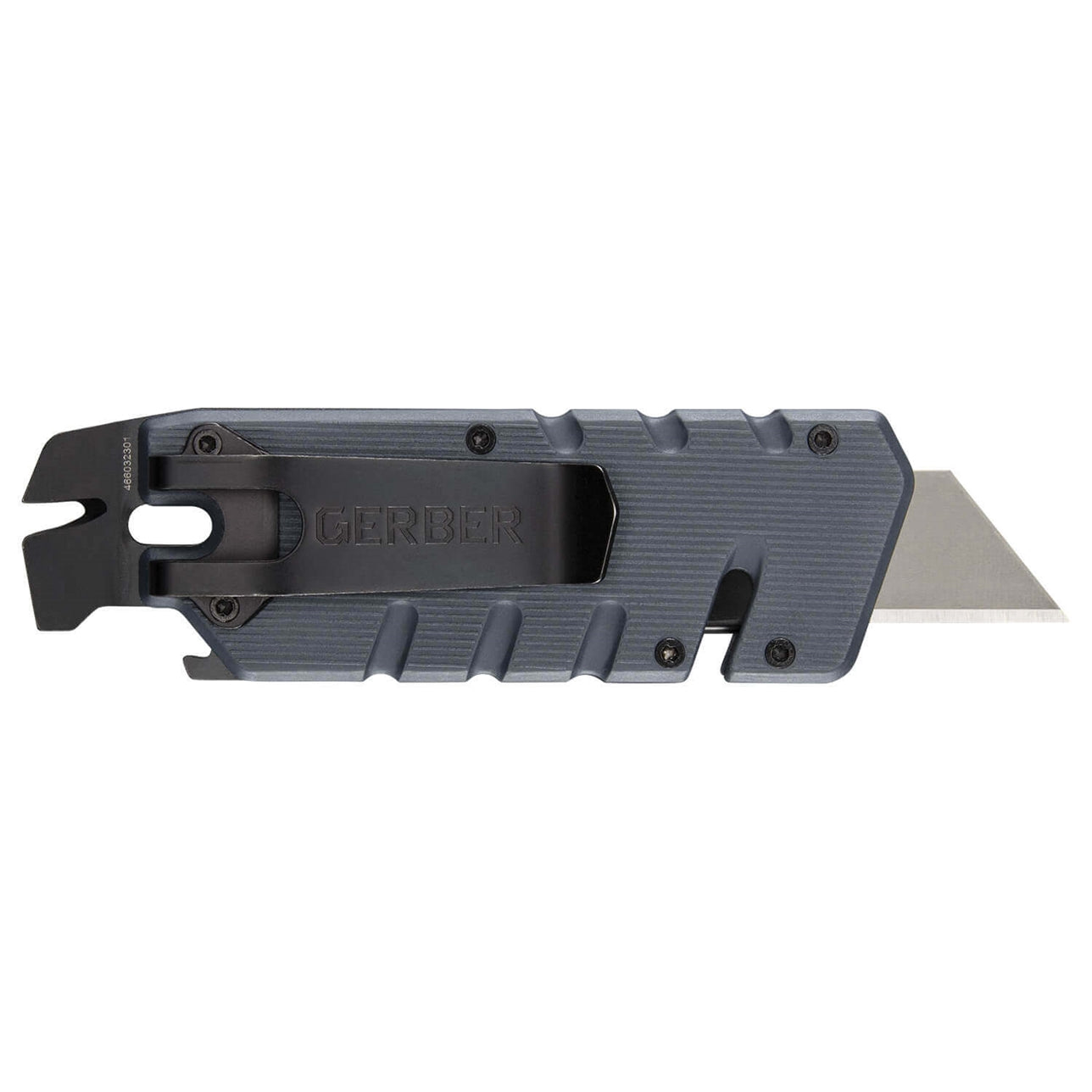 Black multi-tool knife with a blade on a white background