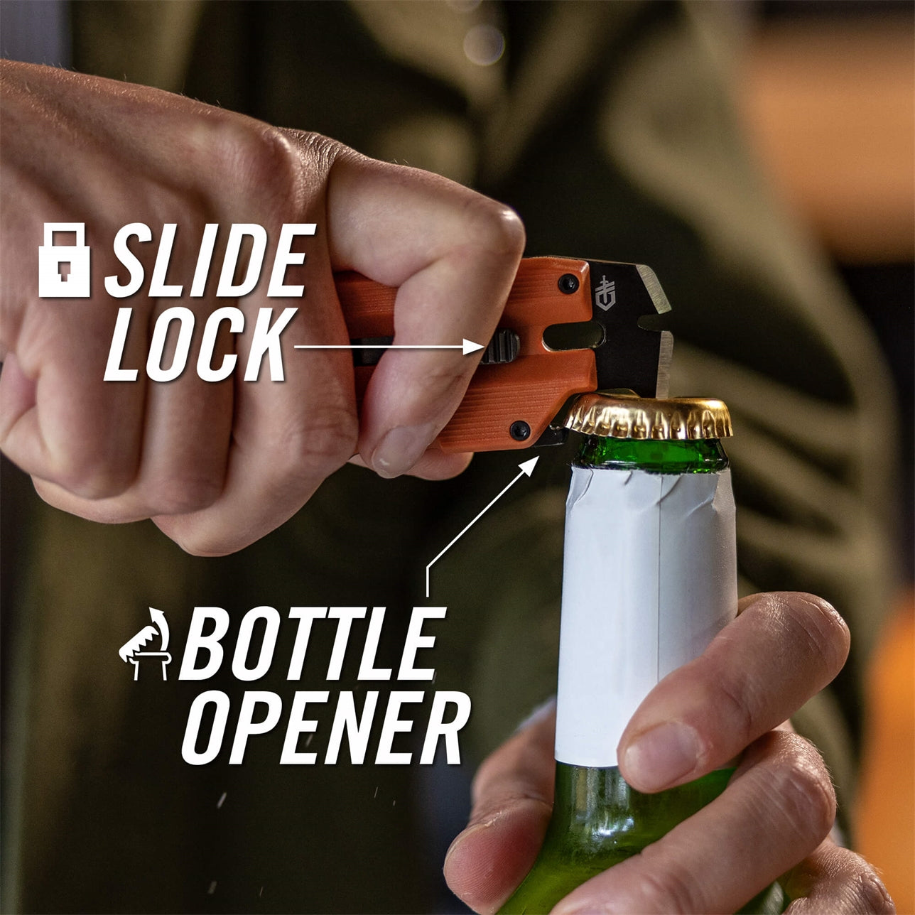 Bottle opener with slide lock mechanism being used on a bottle.