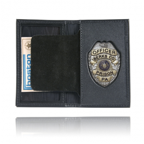 Boston Leather Book Style Badge Case showcasing oversized ID window and police badge, perfect for secure identification.