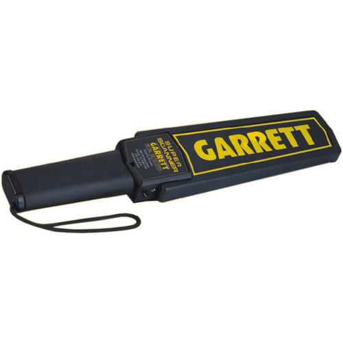 Garrett Security Systems Super Scanner V Hand-Held Metal Detector with black and yellow design for enhanced security scanning.