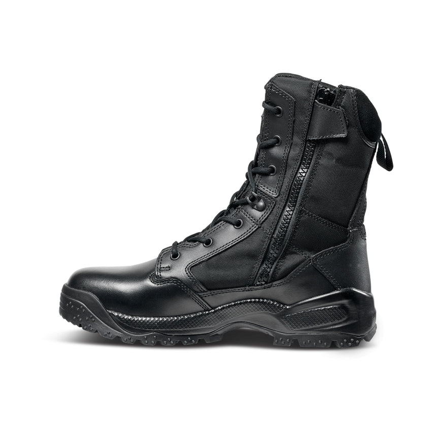 Black tactical boot with a zipper on a white background