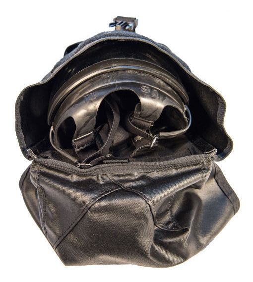 High Speed Gear Gas Mask Pouch V2 in black, open to show a gas mask inside; gas mask not included