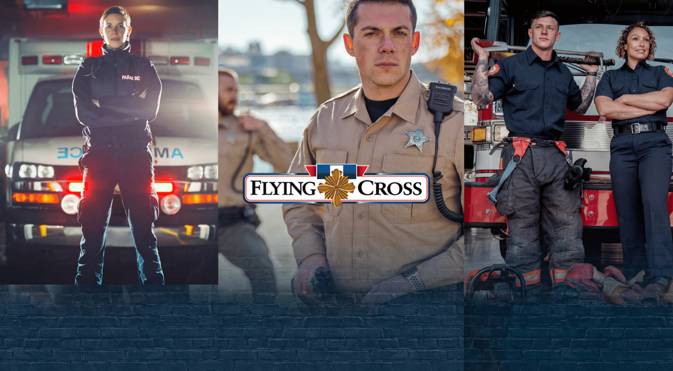 Collage of firefighters and an ambulance with 'Flying Cross' logo in the center.