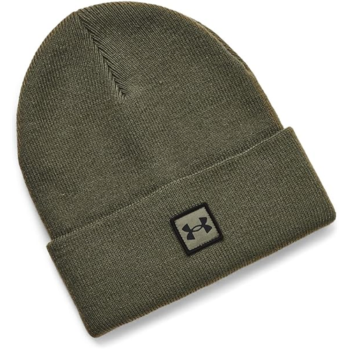 Under Armour Halftime Cuff Beanie in olive green, featuring a soft ribbed knit design and a woven logo patch.