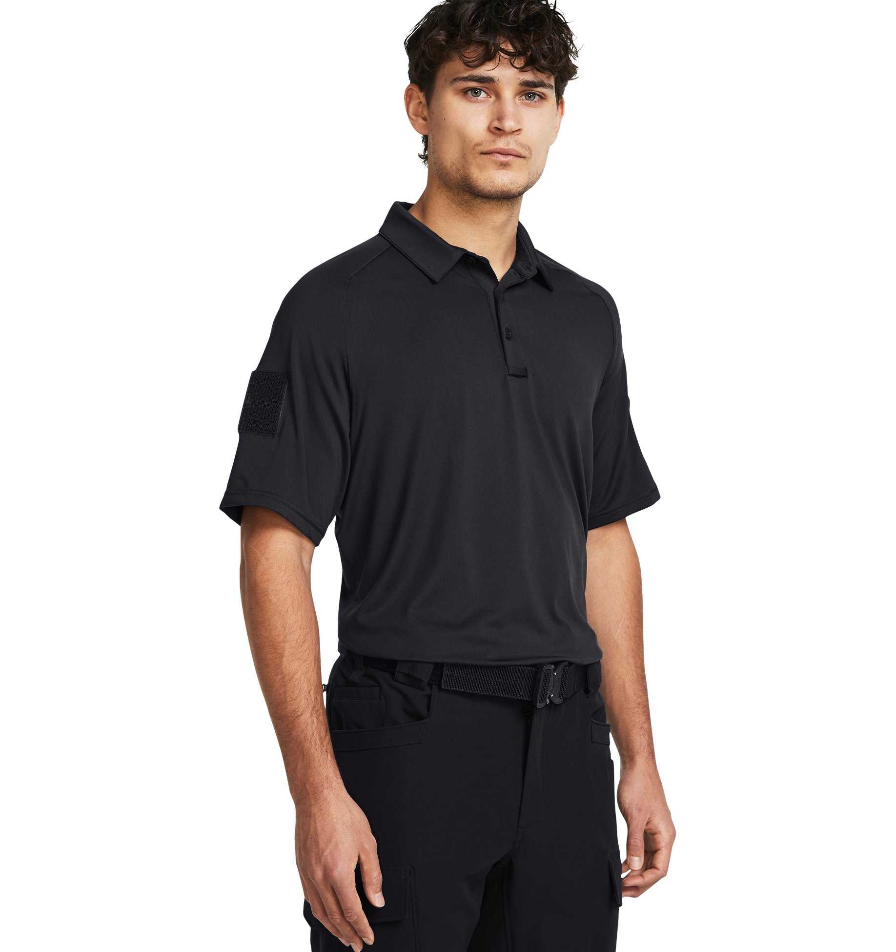 Under Armour Men's UA Tac Elite Polo 1379202 in black, showcasing a comfortable and tactical fit for uniform use.
