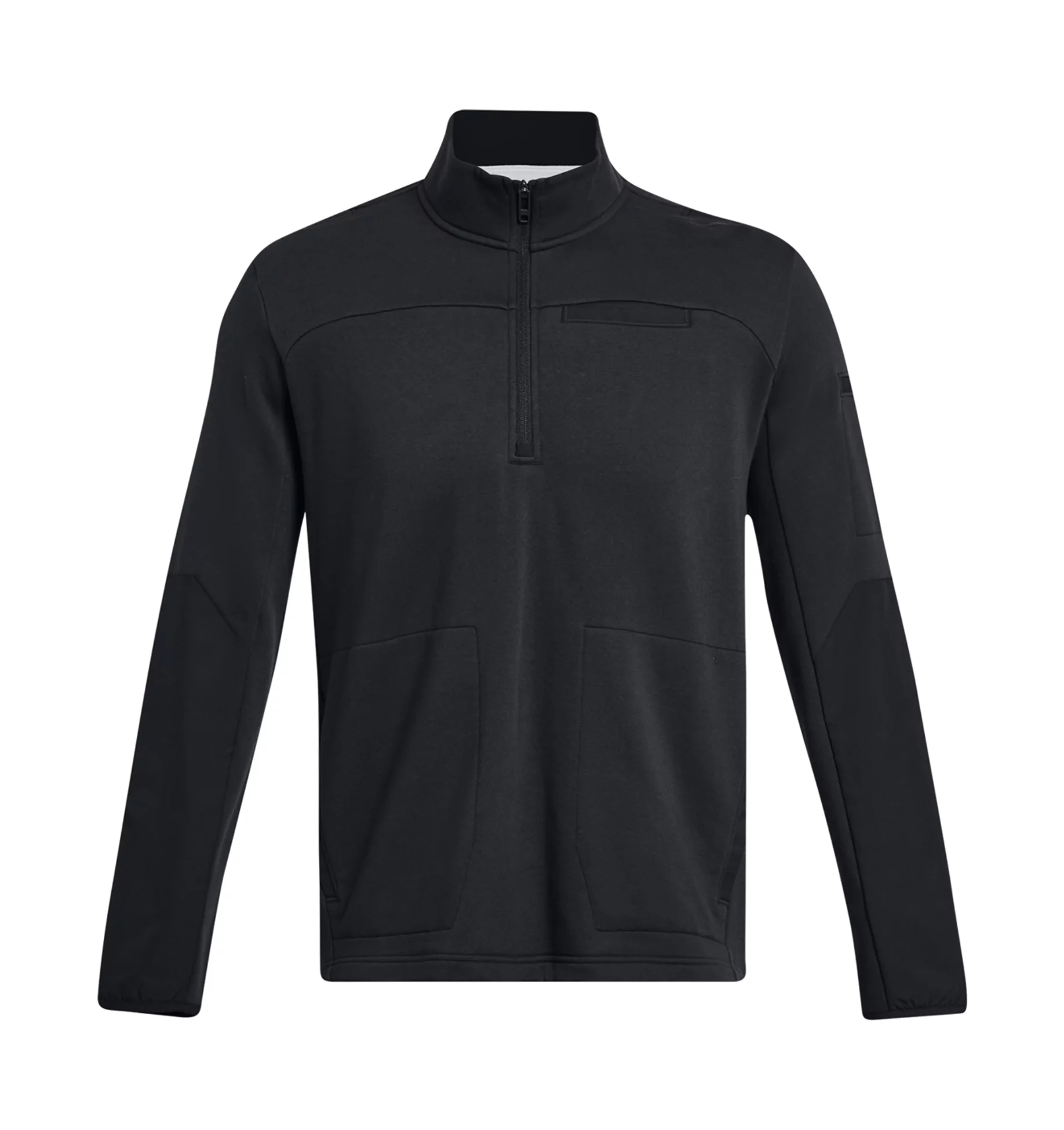 Under Armour UA Rival Fleece Tactical 1/4 Zip in black, featuring water-resistant overlays and multiple pockets for utility.