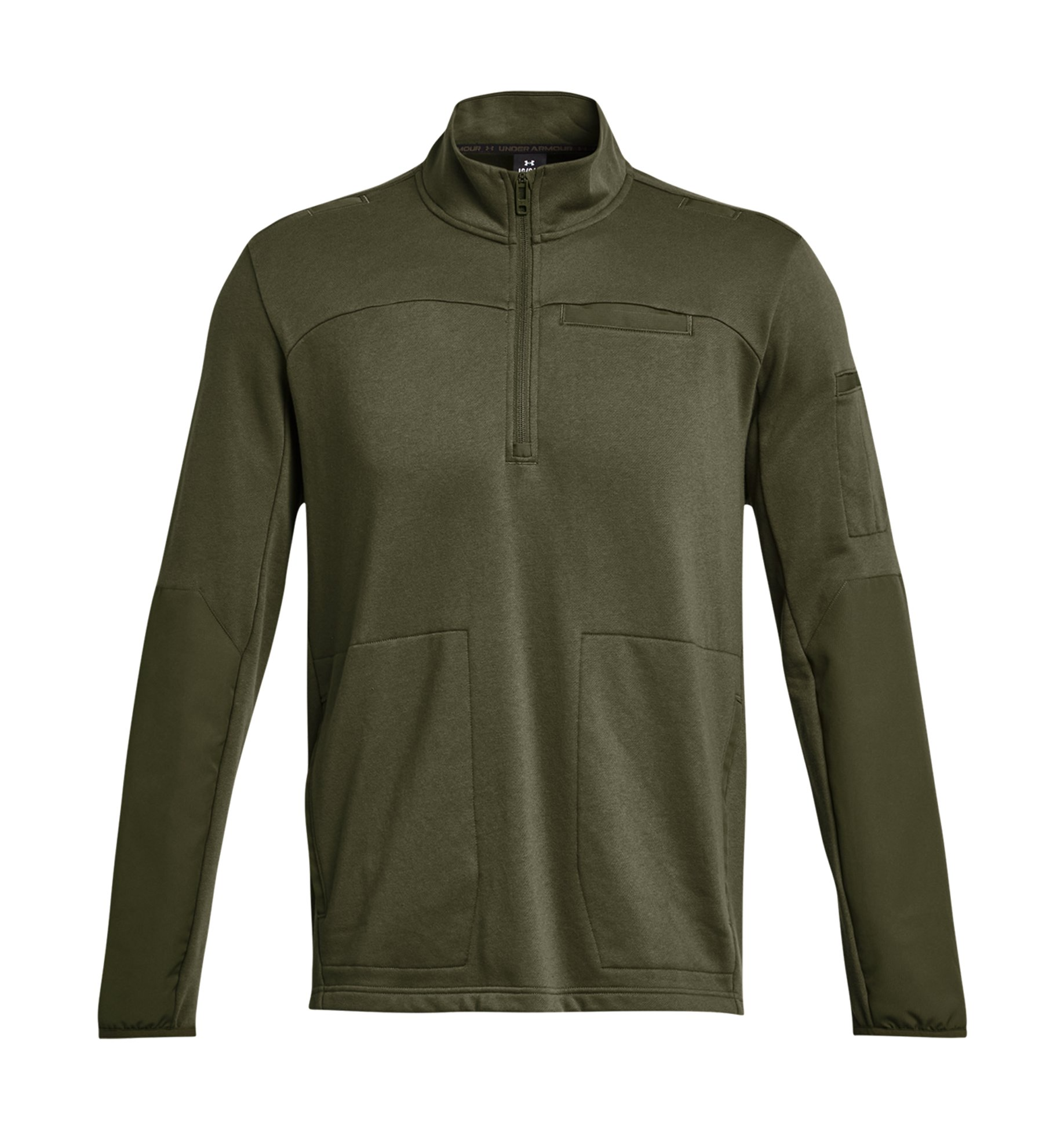 Under Armour UA Rival Fleece Tactical 1/4 Zip in olive green, featuring pockets and water-resistant overlays for durability.