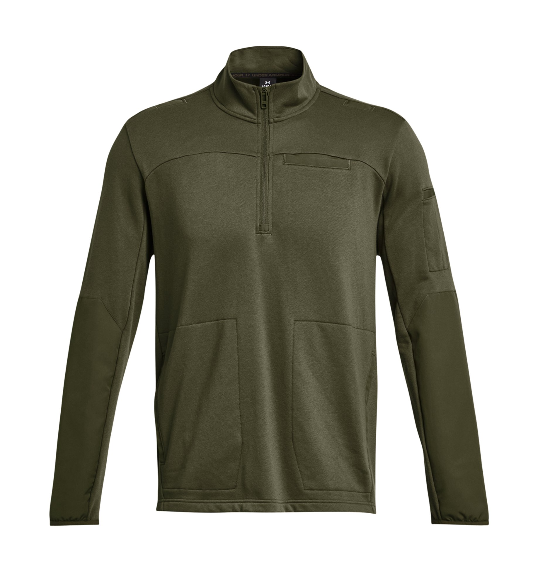 Under Armour UA Rival Fleece Tactical 1/4 Zip in olive green with pockets and water-resistant overlays.