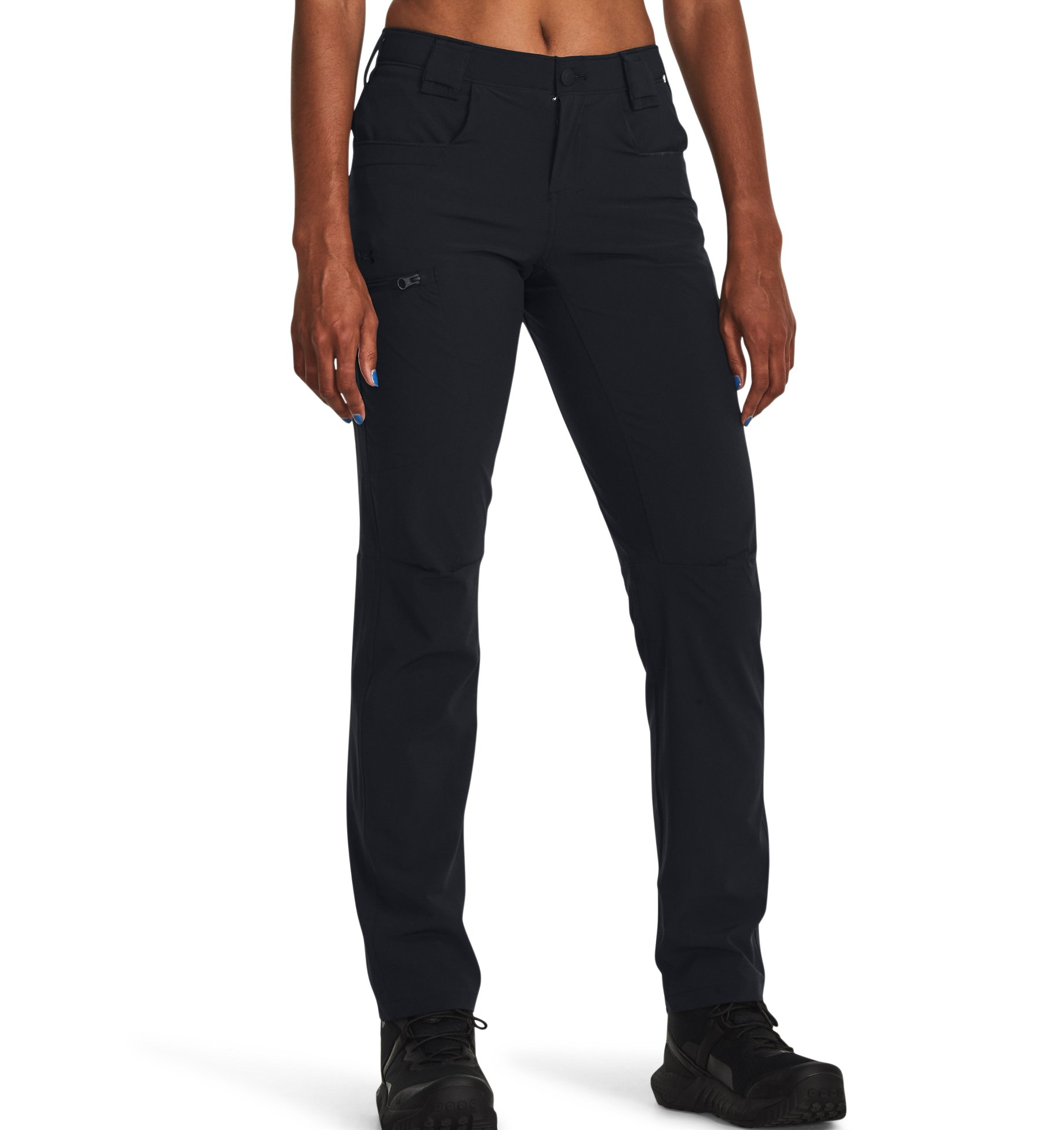 Under Armour Women's UA Defender Pants in black, featuring pockets and stretch-woven fabric for comfort and durability.