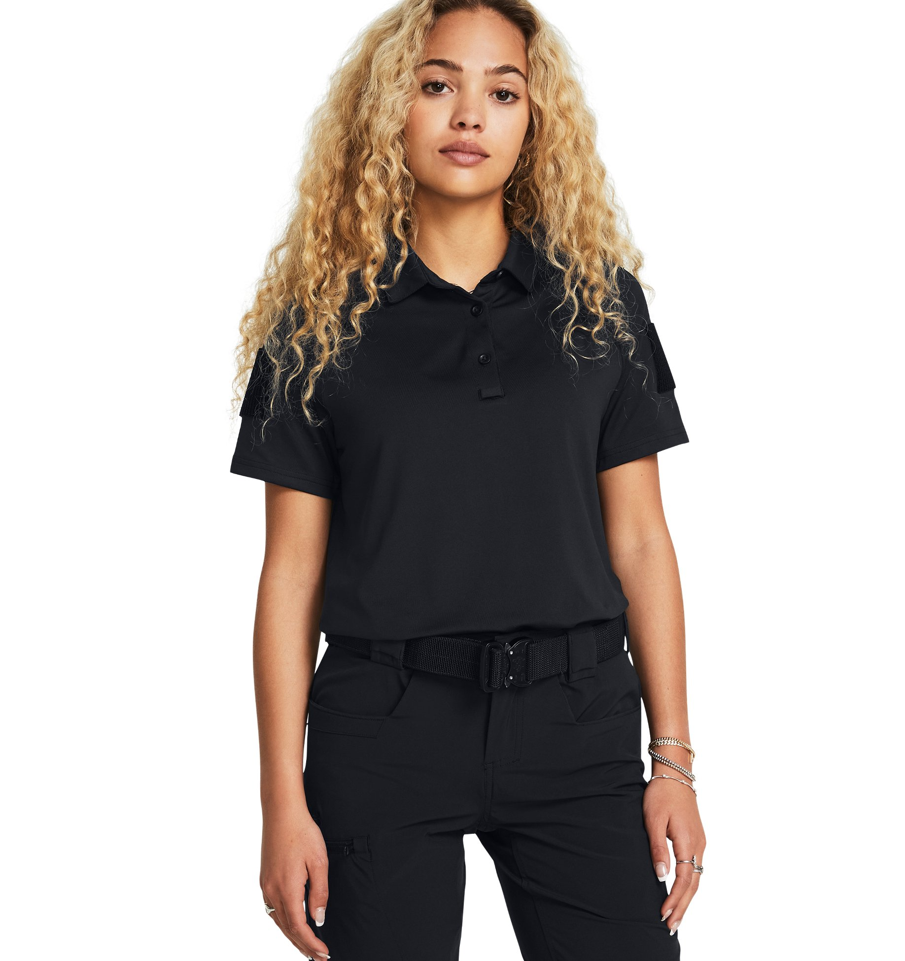 Under Armour Women's UA Tac Elite Polo in black, featuring a comfortable fit and tactical design for uniforms.