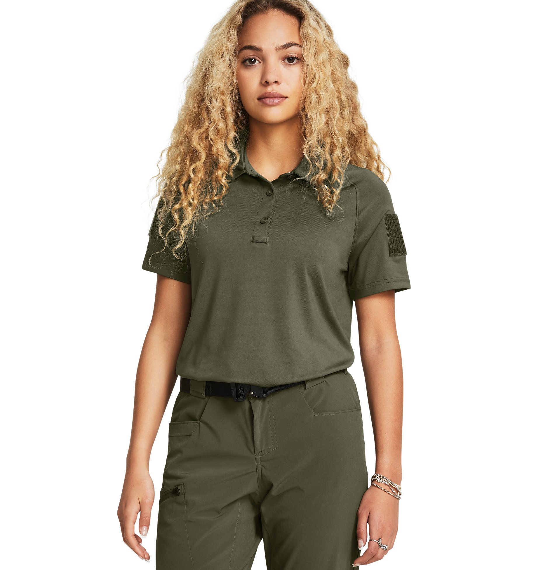 Under Armour Women's UA Tac Elite Polo in olive green, featuring a comfortable fit and tactical design for outdoor activities.