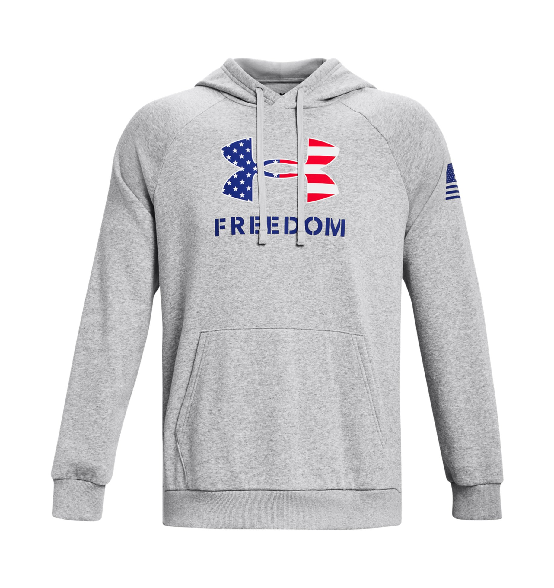 Under Armour UA Freedom Rival Fleece Hoodie with American flag logo, featuring a front pocket and ribbed cuffs.