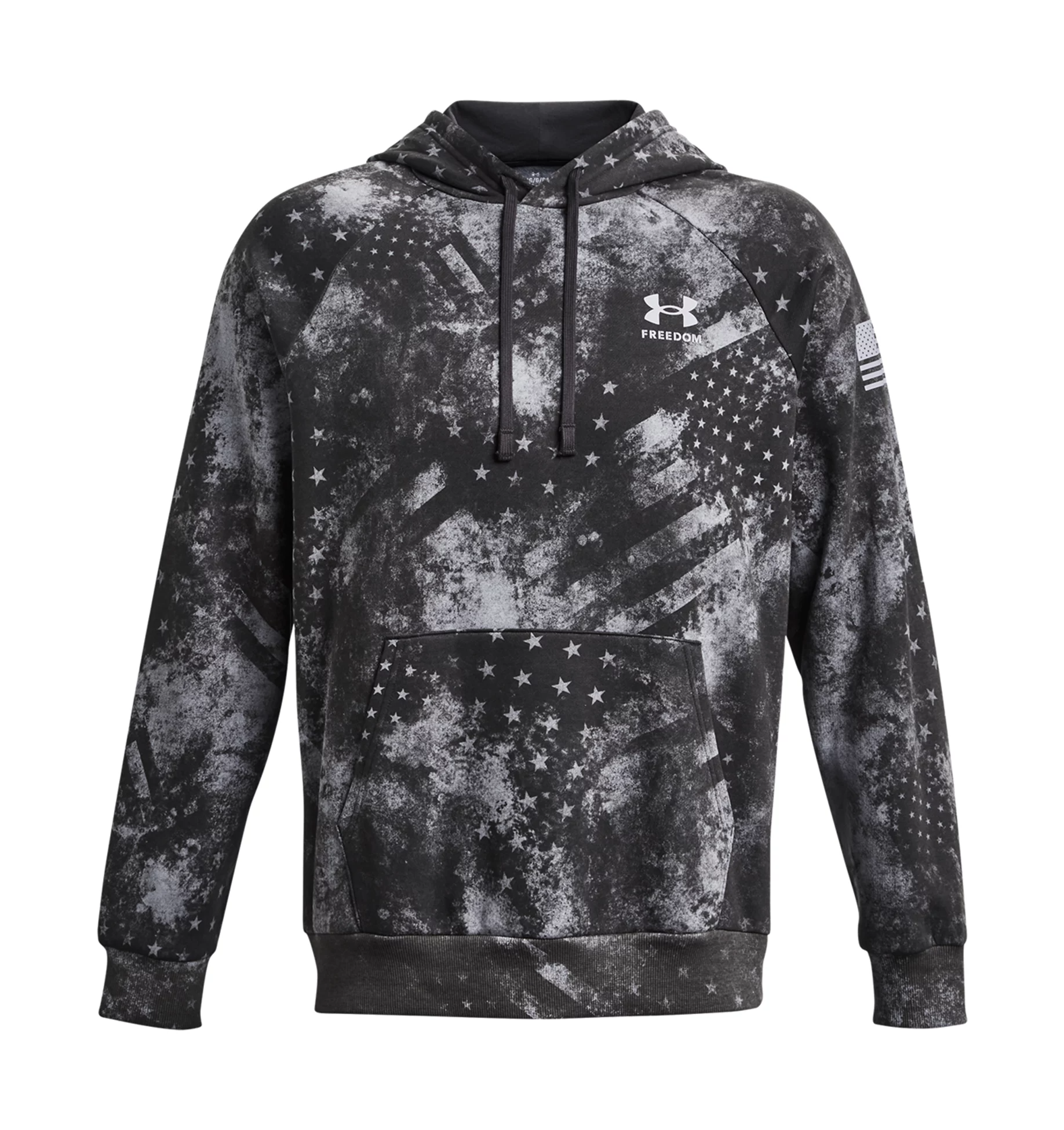 Under Armour UA Freedom Rival Fleece Amp Hoodie in black with star pattern, featuring a front kangaroo pocket and ribbed cuffs.