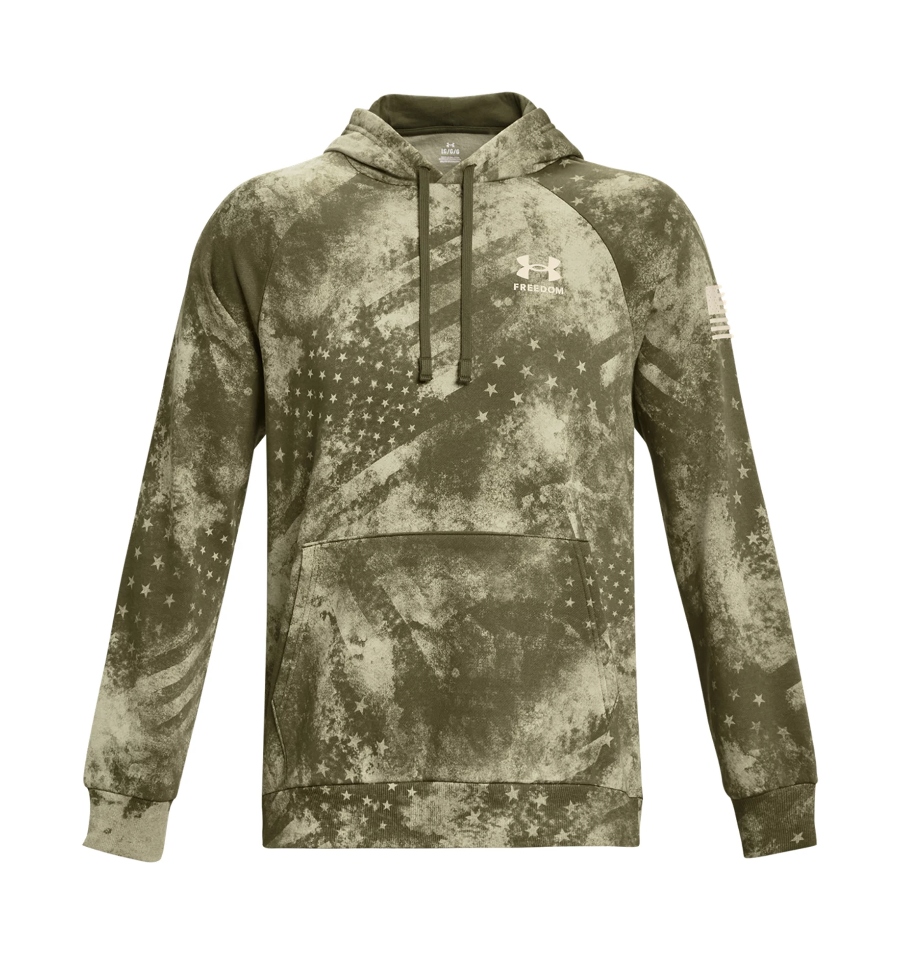 Under Armour UA Freedom Rival Fleece Amp Hoodie in olive green with flag design, front kangaroo pocket, and ribbed cuffs.