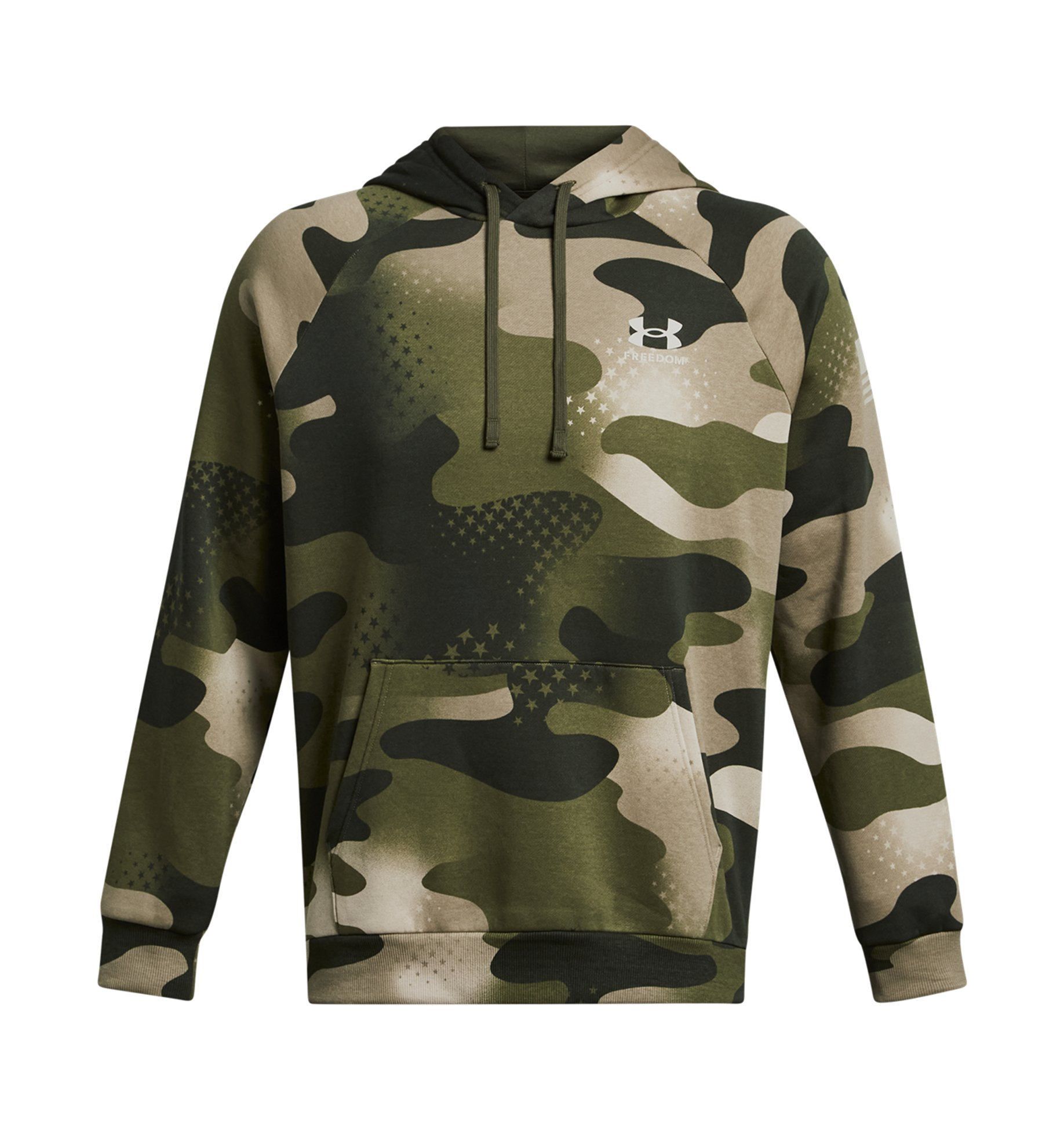 Under Armour UA Freedom Rival Fleece Amp Hoodie in camouflage design, featuring a front kangaroo pocket and soft fleece material.