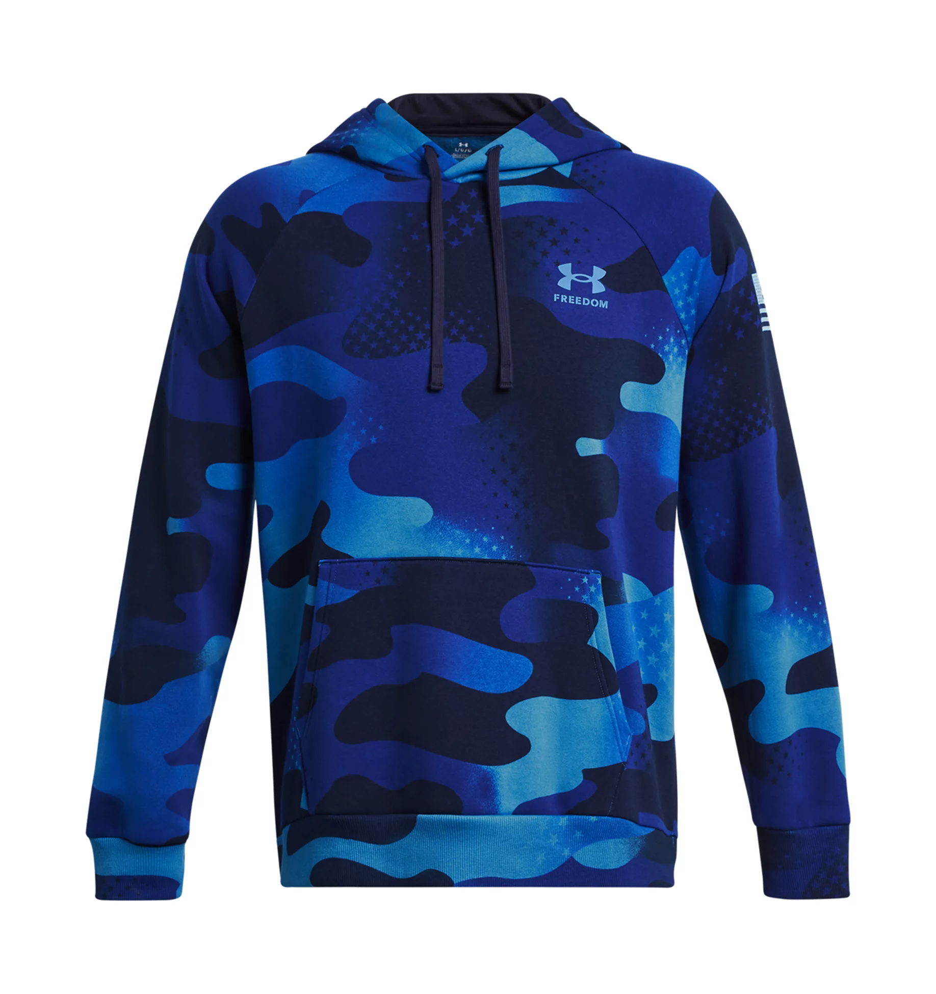 Under Armour UA Freedom Rival Fleece Amp Hoodie in blue camo design, featuring a front kangaroo pocket and pullover style.