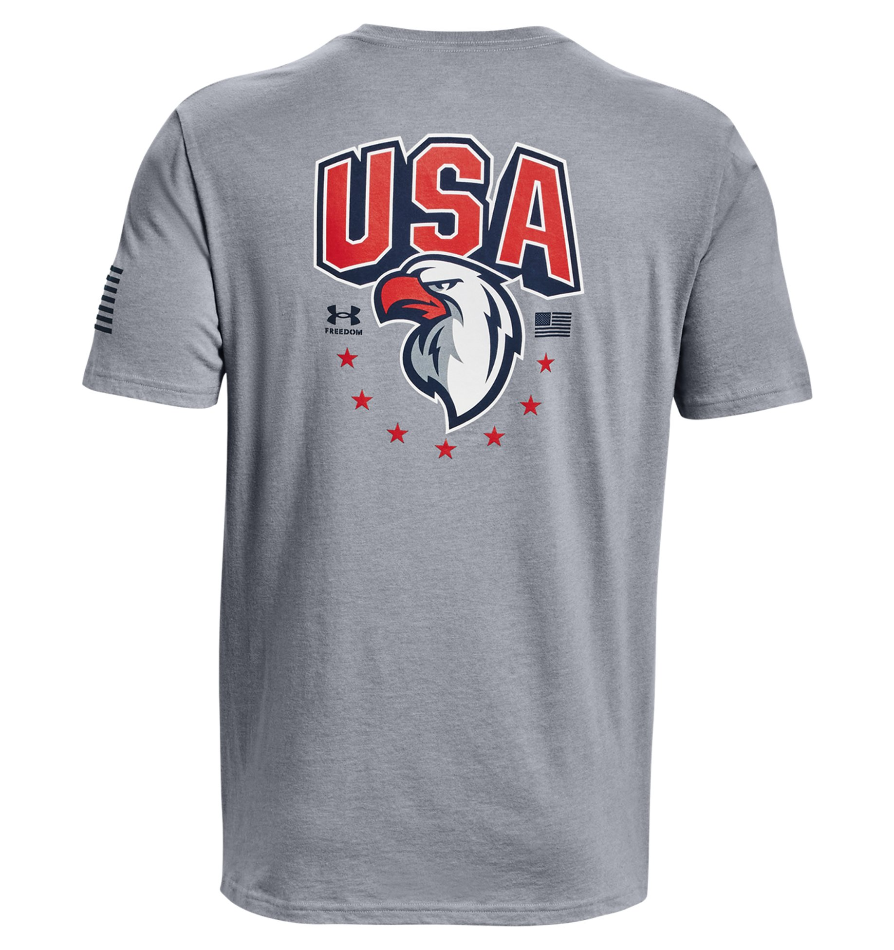 Under Armour UA Freedom Eagle T-Shirt featuring a patriotic design with USA and eagle graphics on a gray background.