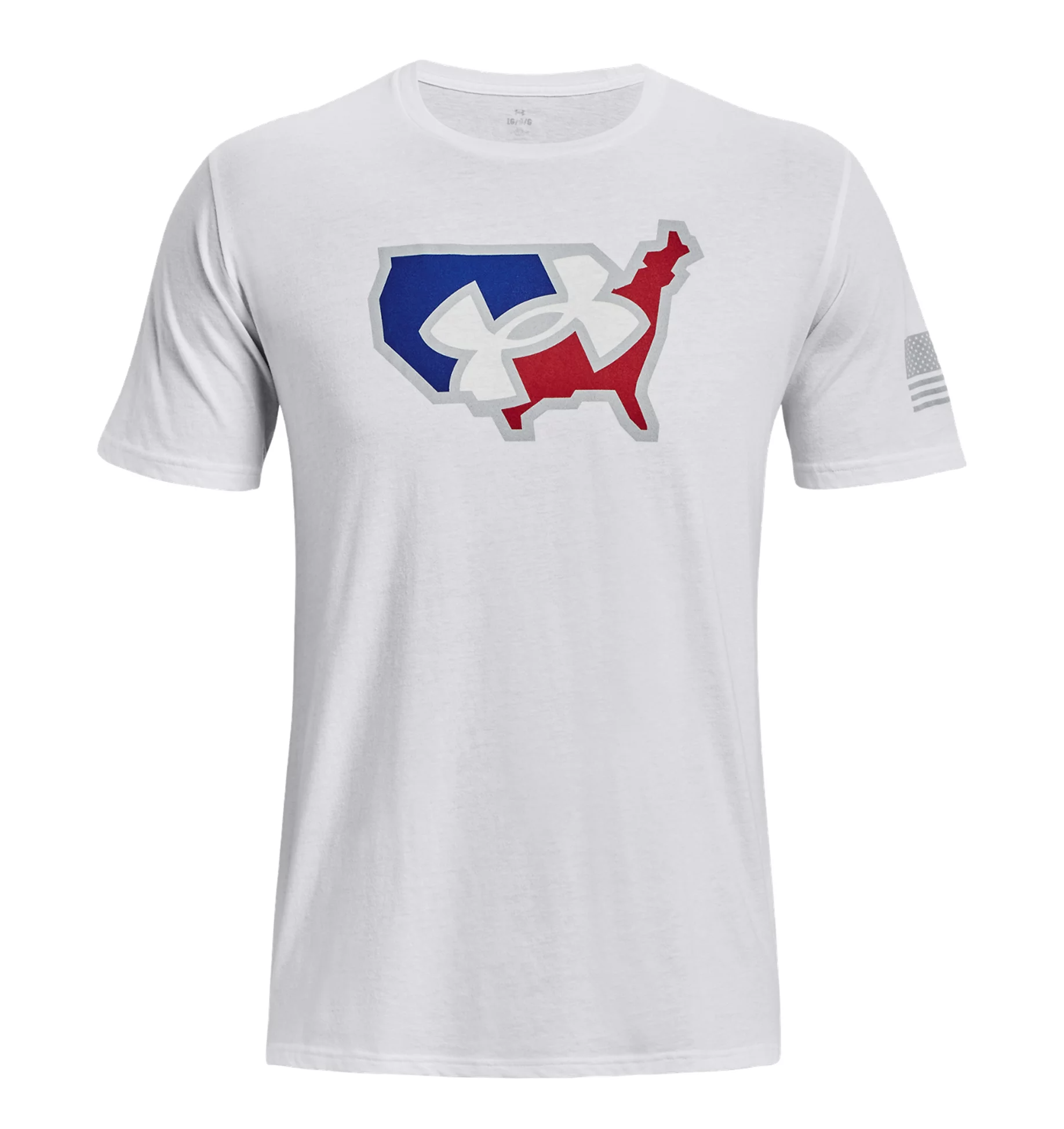 Under Armour UA Freedom Big Flag Logo Lockup T-Shirt in white, featuring a bold graphic and American flag detail on sleeve.