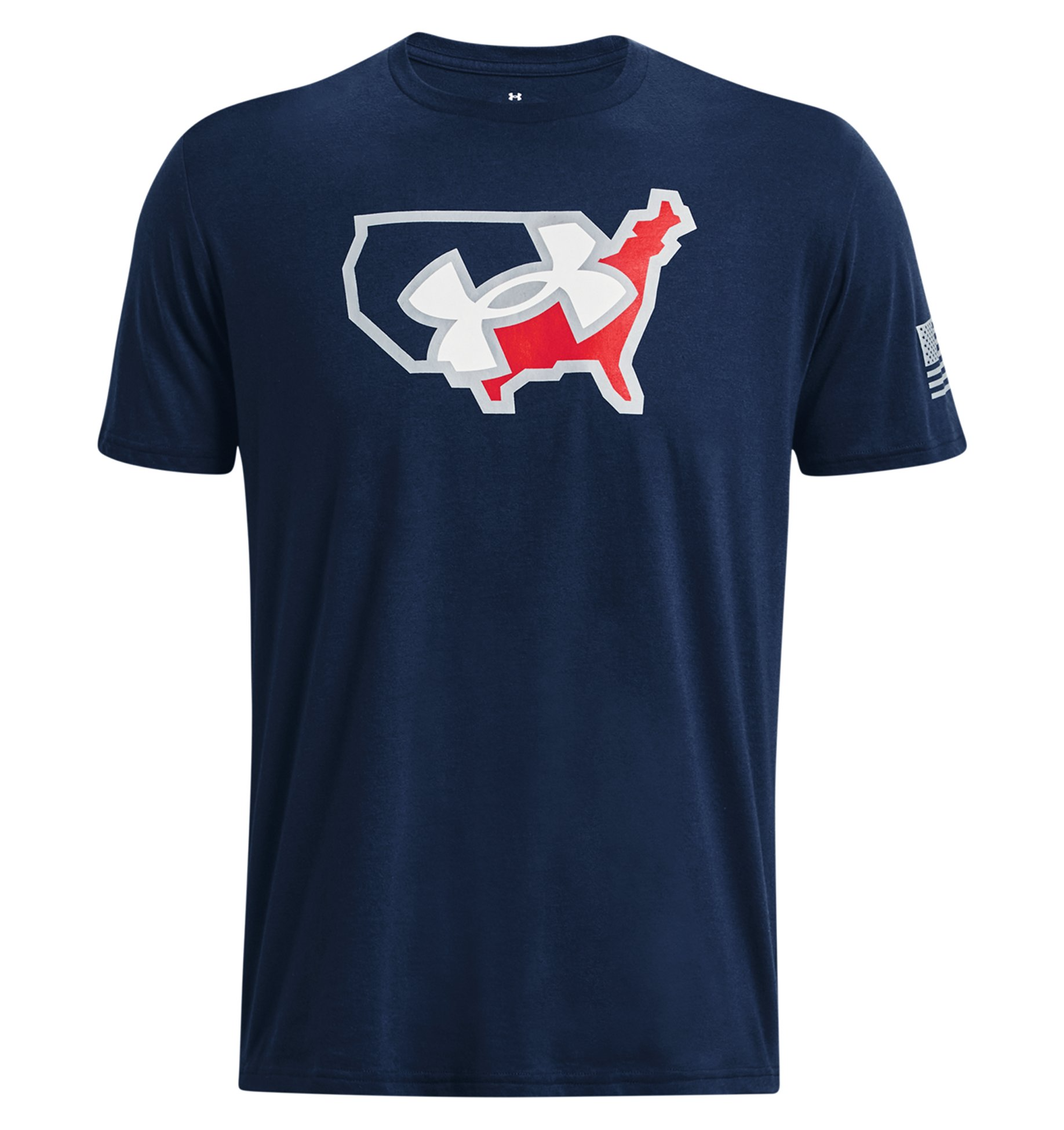 Under Armour UA Freedom Big Flag Logo Lockup T-Shirt in navy blue, showcasing a bold flag design and soft cotton-blend fabric.