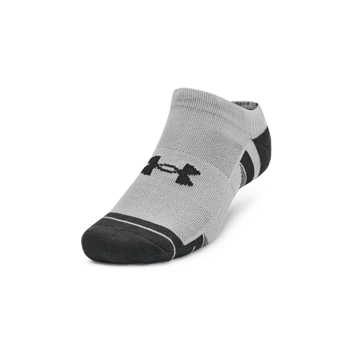 Under Armour UA Performance Tech No Show Sock, gray and black, designed for comfort and secure fit. Ideal for active wear.