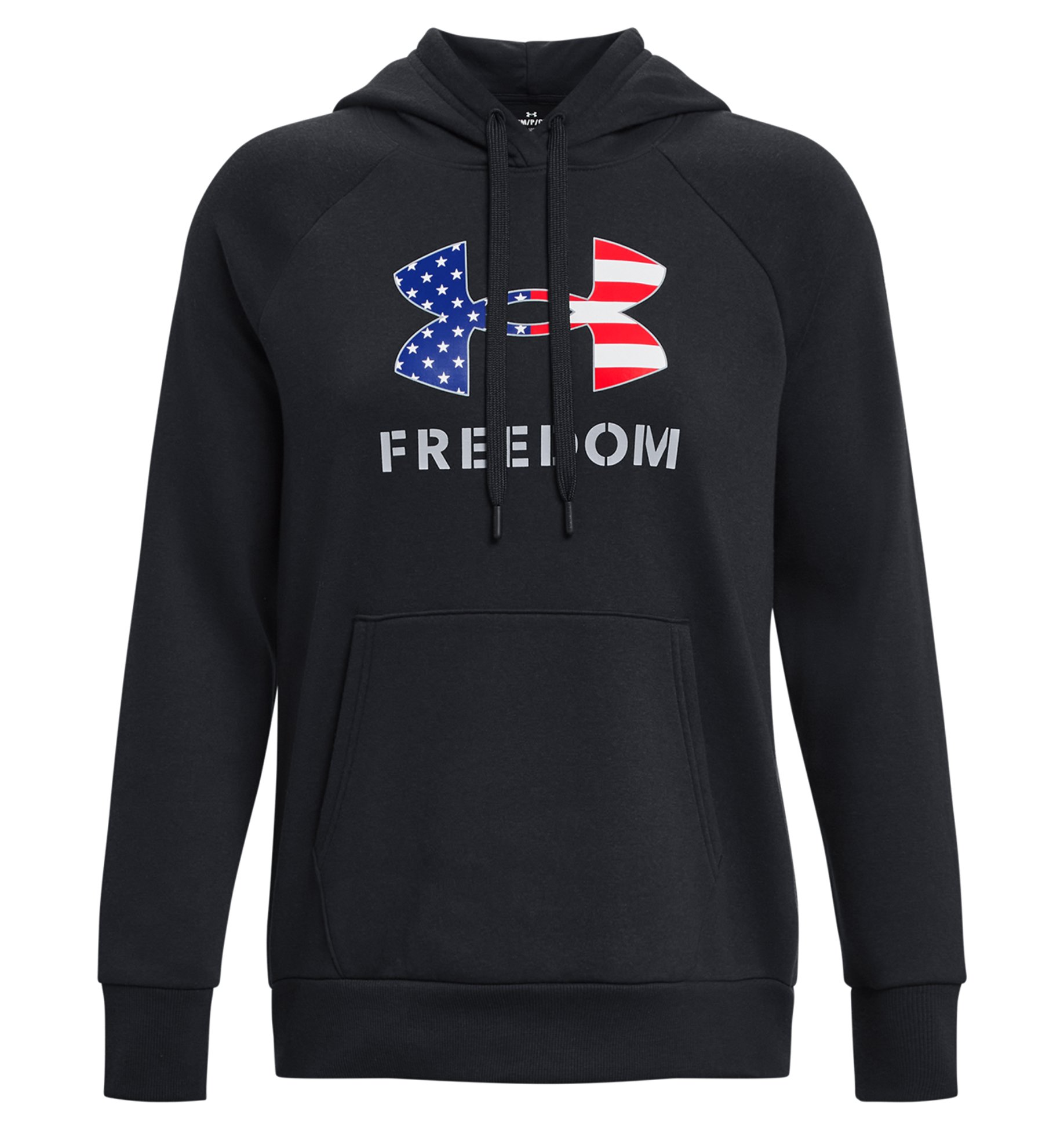 Under Armour Women's UA Freedom Rival Fleece Hoodie featuring a patriotic logo and front kangaroo pocket.