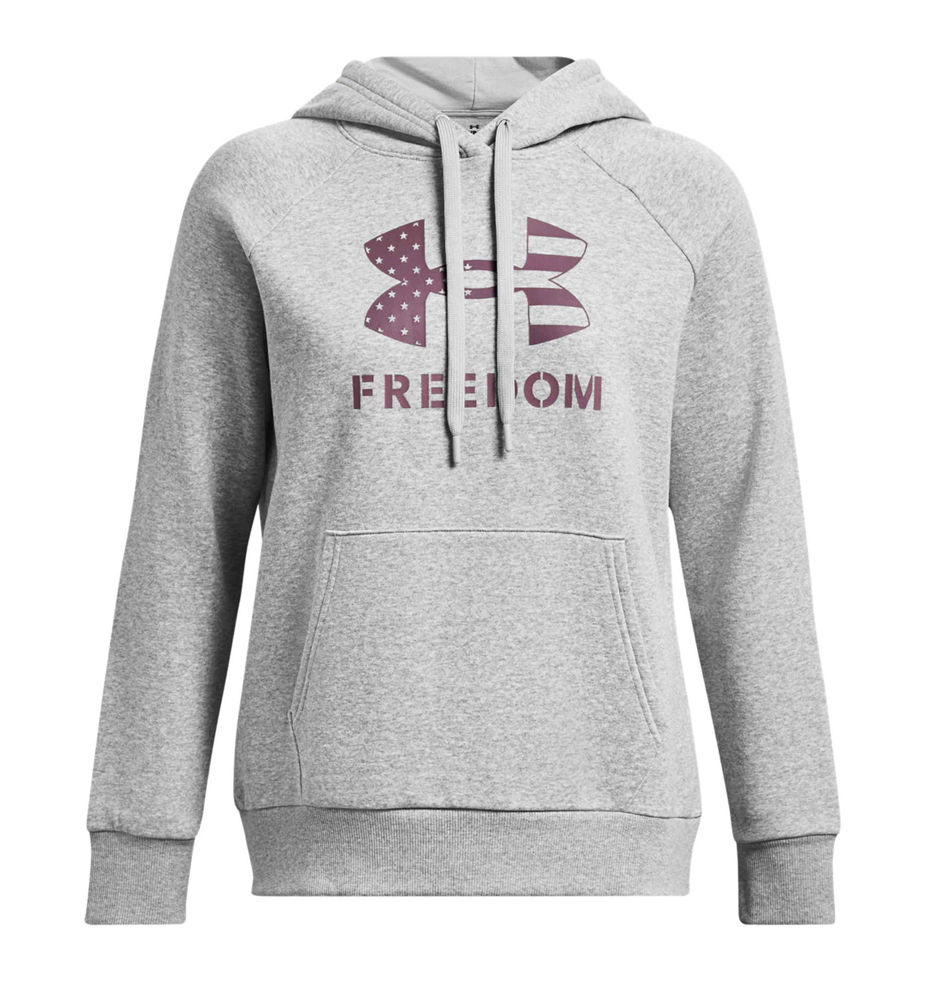 Under Armour Women's UA Freedom Rival Fleece Logo Hoodie in gray with patriotic design and front pocket.