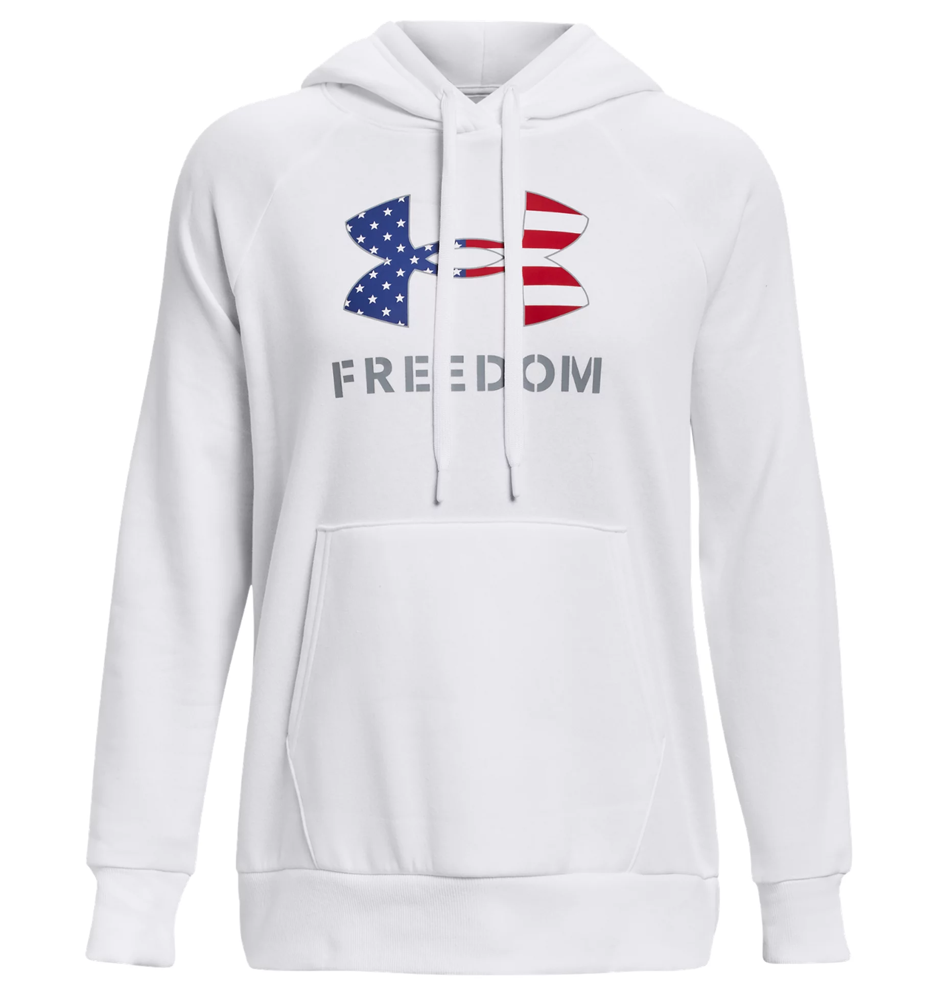 Under Armour Women's UA Freedom Rival Fleece Logo Hoodie in white with American flag design and front kangaroo pocket.