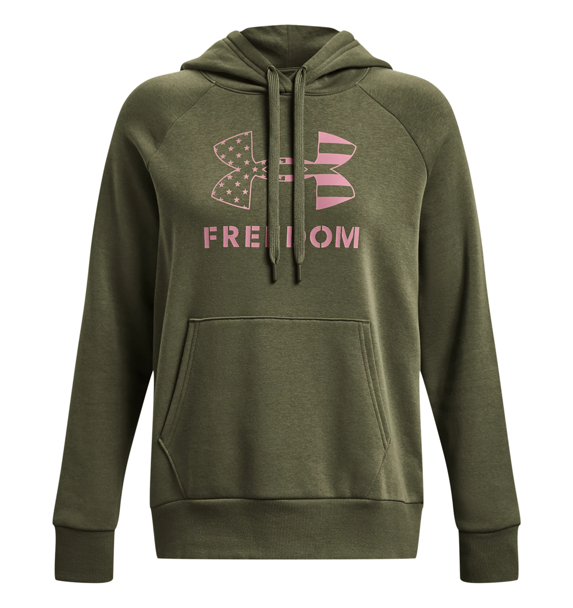 Under Armour Women's UA Freedom Rival Fleece Hoodie in olive green with pink logo, featuring front kangaroo pocket and ribbed cuffs.