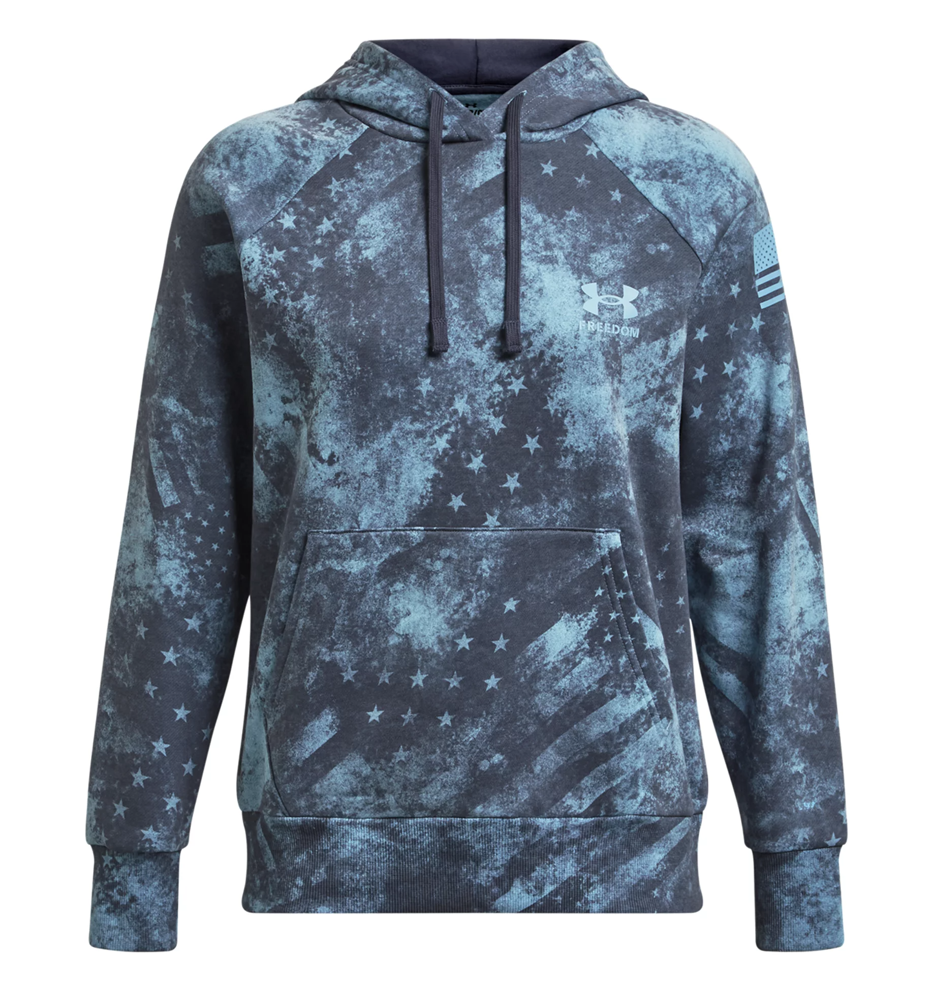 Under Armour Women's UA Freedom Rival Fleece Amp Hoodie in blue camo with stars and stripes design, featuring a front pocket and hood.
