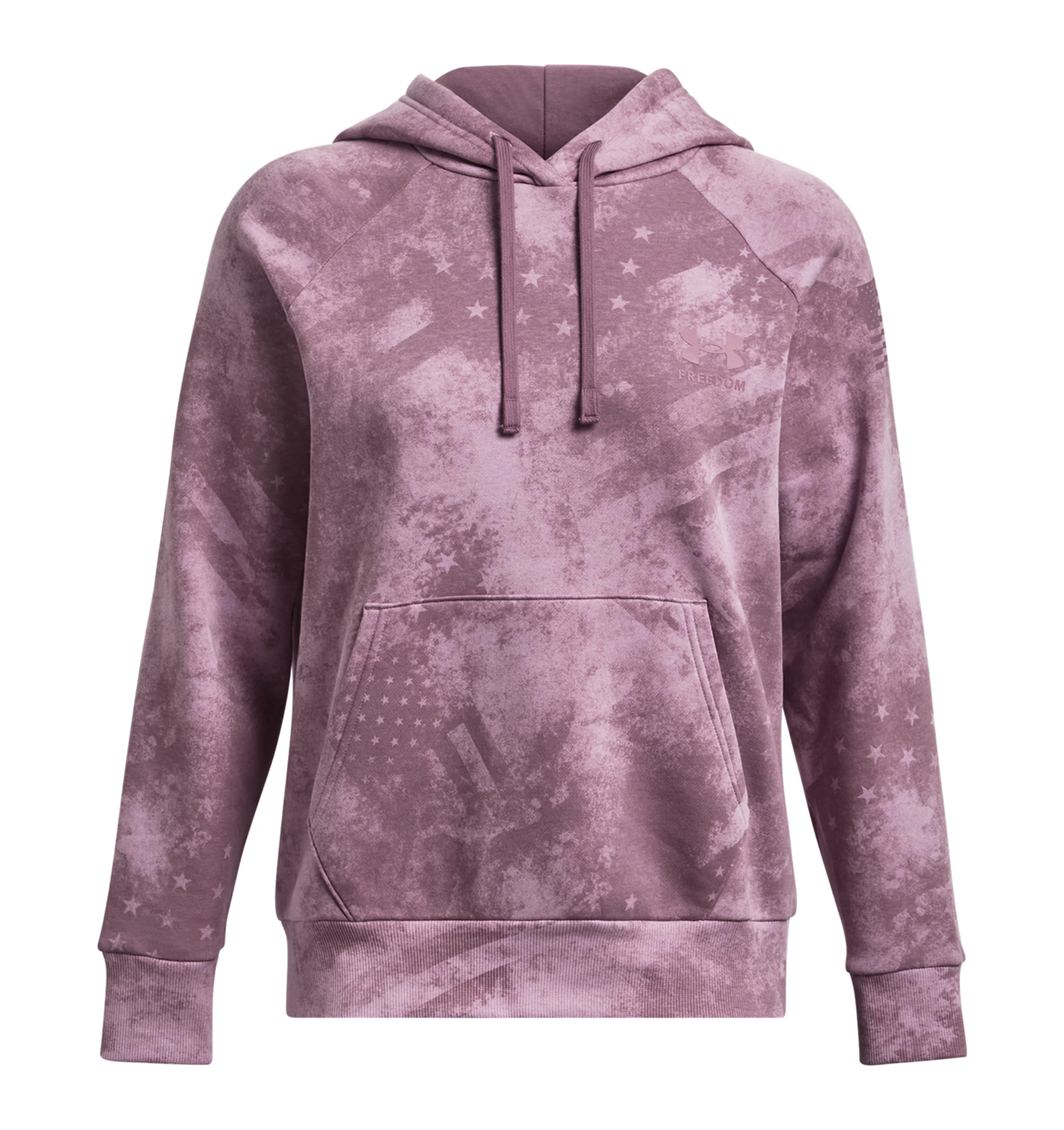 Under Armour Women's UA Freedom Rival Fleece Amp Hoodie in soft purple with front pocket and star pattern design.