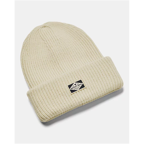 Under Armour UA Men's Project Rock Beanie in cream color, featuring a woven patch logo and ribbed knit design for warmth.