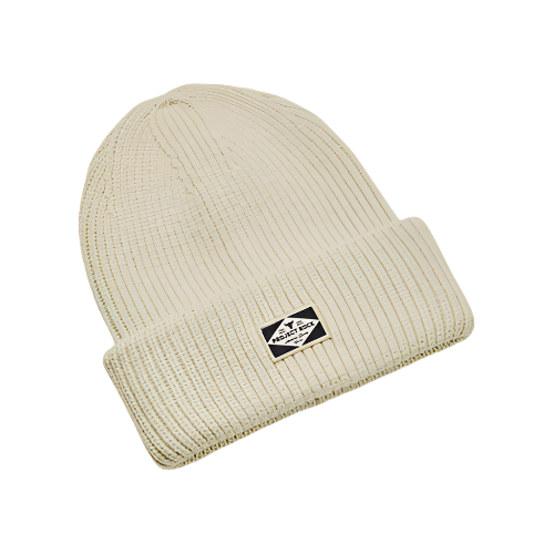 Under Armour UA Men's Project Rock Beanie in cream color, featuring a woven patch logo and ribbed knit design for warmth.